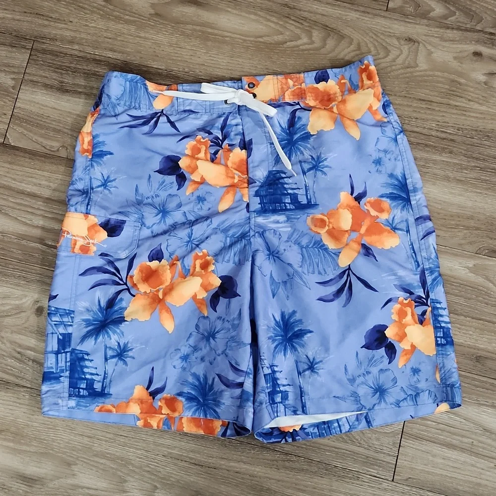Panama Jack Blue Orange Hawaiian Print Swim Shorts Velcro Close & Pocket XL